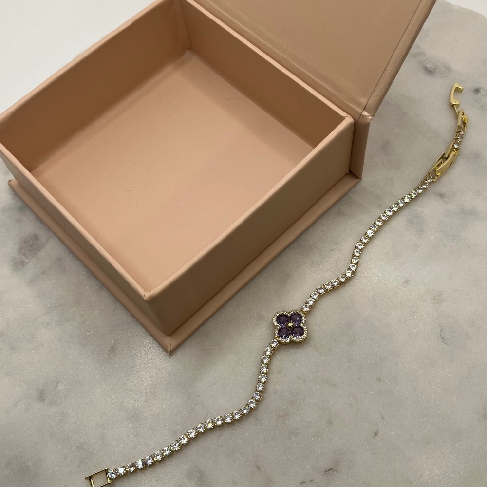Purple Clover Pave Tennis Bracelet Adina Eden 14K Gold Plate Rhinestone CZ Jewel - Picture 5 of 5
